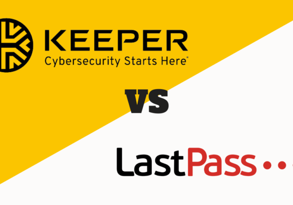 Logo of KEEPER with the tagline ‘Cybersecurity Starts Here’ on a yellow background, versus the logo of LastPass on a white background.