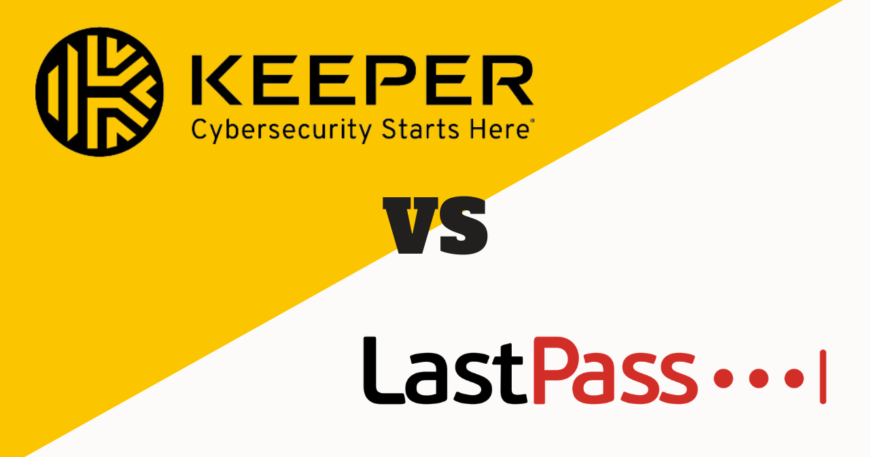 Logo of KEEPER with the tagline ‘Cybersecurity Starts Here’ on a yellow background, versus the logo of LastPass on a white background.